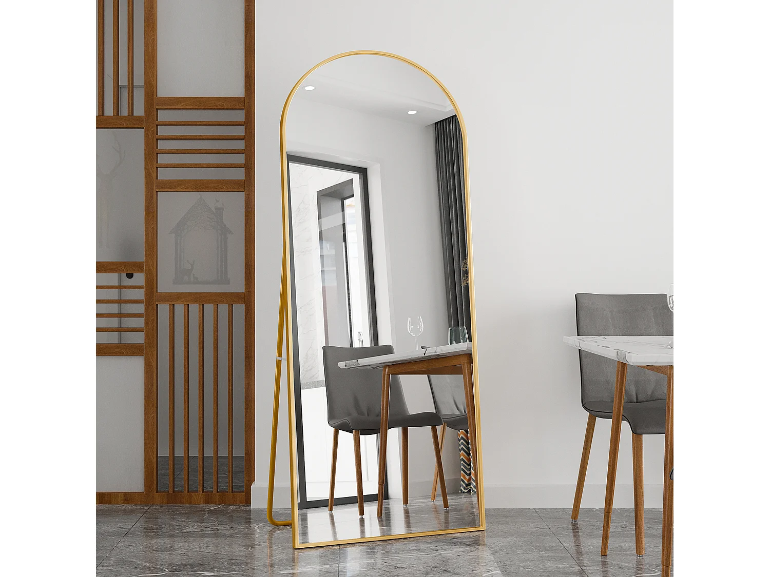 Miroir pleine longueur 180 x 80 cm en verre trempé avec cadre en aluminium doré, forme arquée,  grand miroir de sol