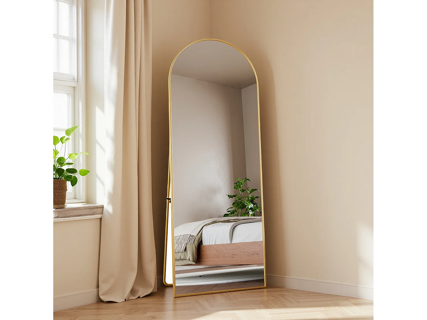 Espelho de maquiagem arqueado, vidro temperado, moldura de alumínio dourado, 1620x530 mm, design moderno e elegante para quarto, closet ou banheiro