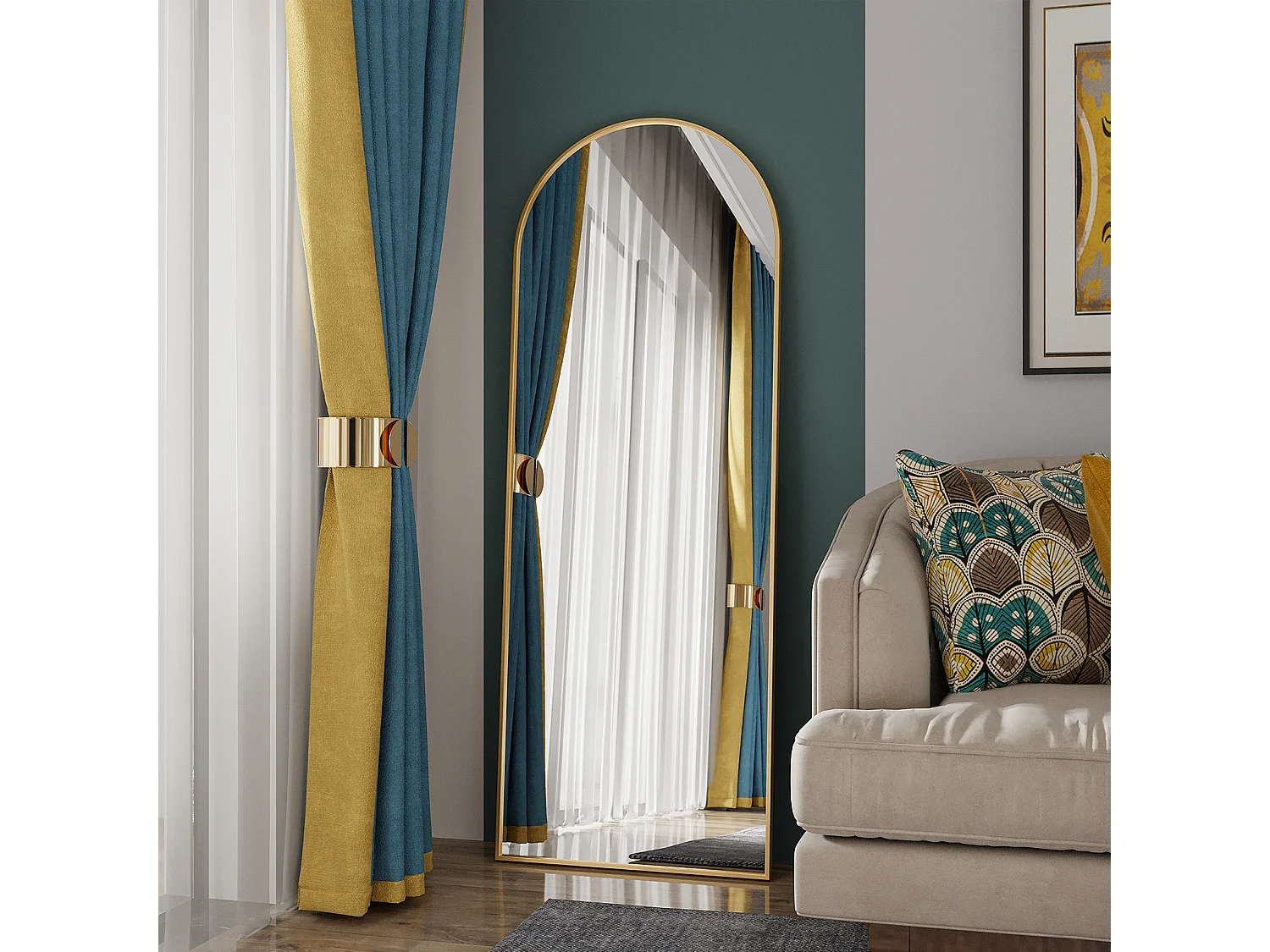 Espelho de maquiagem arqueado, vidro temperado, moldura de alumínio dourado, 1620x530 mm, design moderno e elegante para quarto, closet ou banheiro