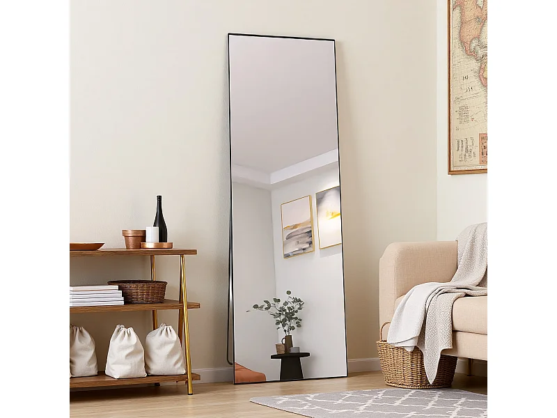 Miroir de maquillage rectangulaire en verre trempé, cadre en aluminium noir, 165 x 60 cm, design moderne élégant pour chambre ou salle de bain