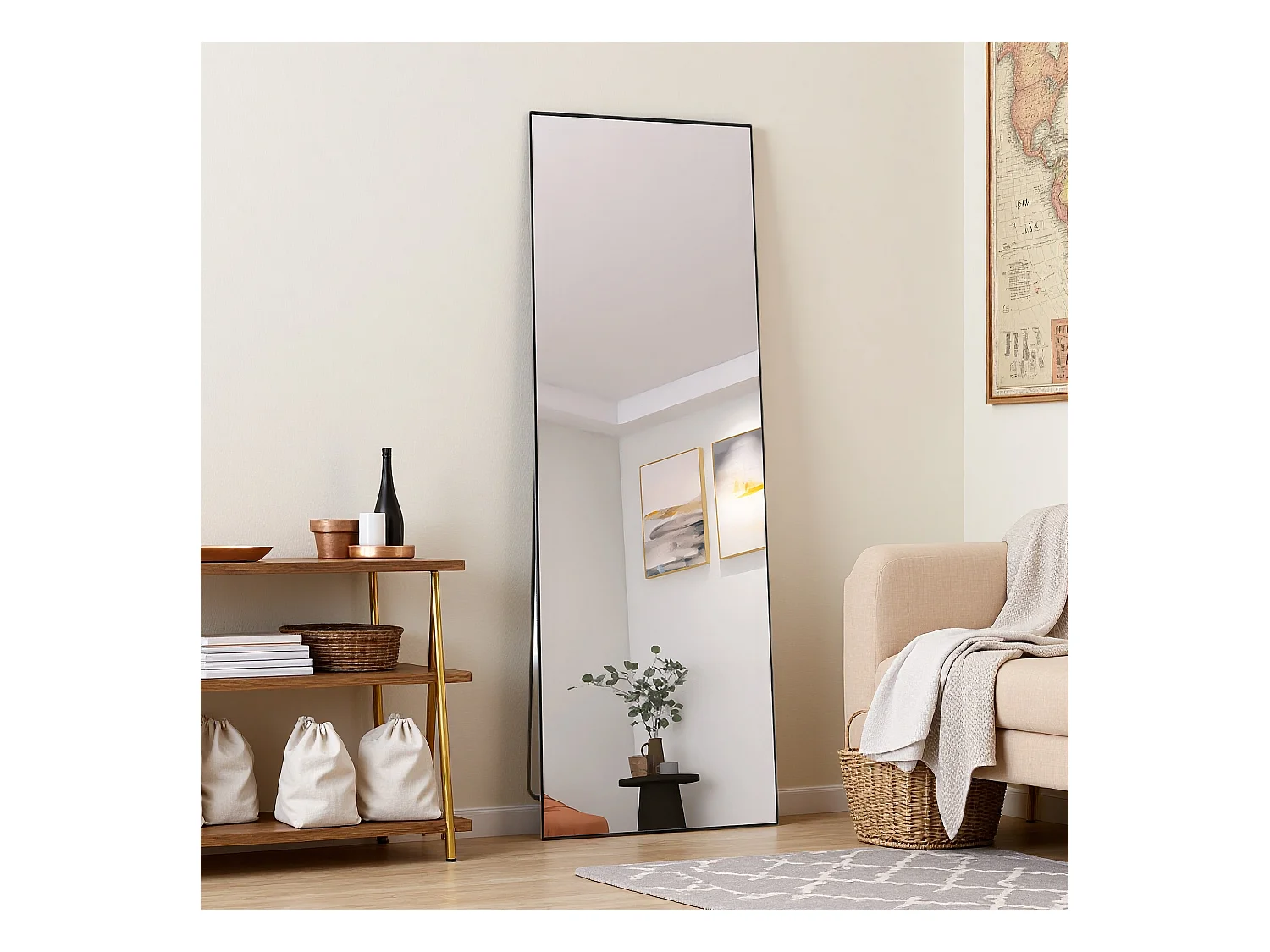 Miroir de maquillage rectangulaire en verre trempé, cadre en aluminium noir, 165 x 60 cm, design moderne élégant pour chambre ou salle de bain