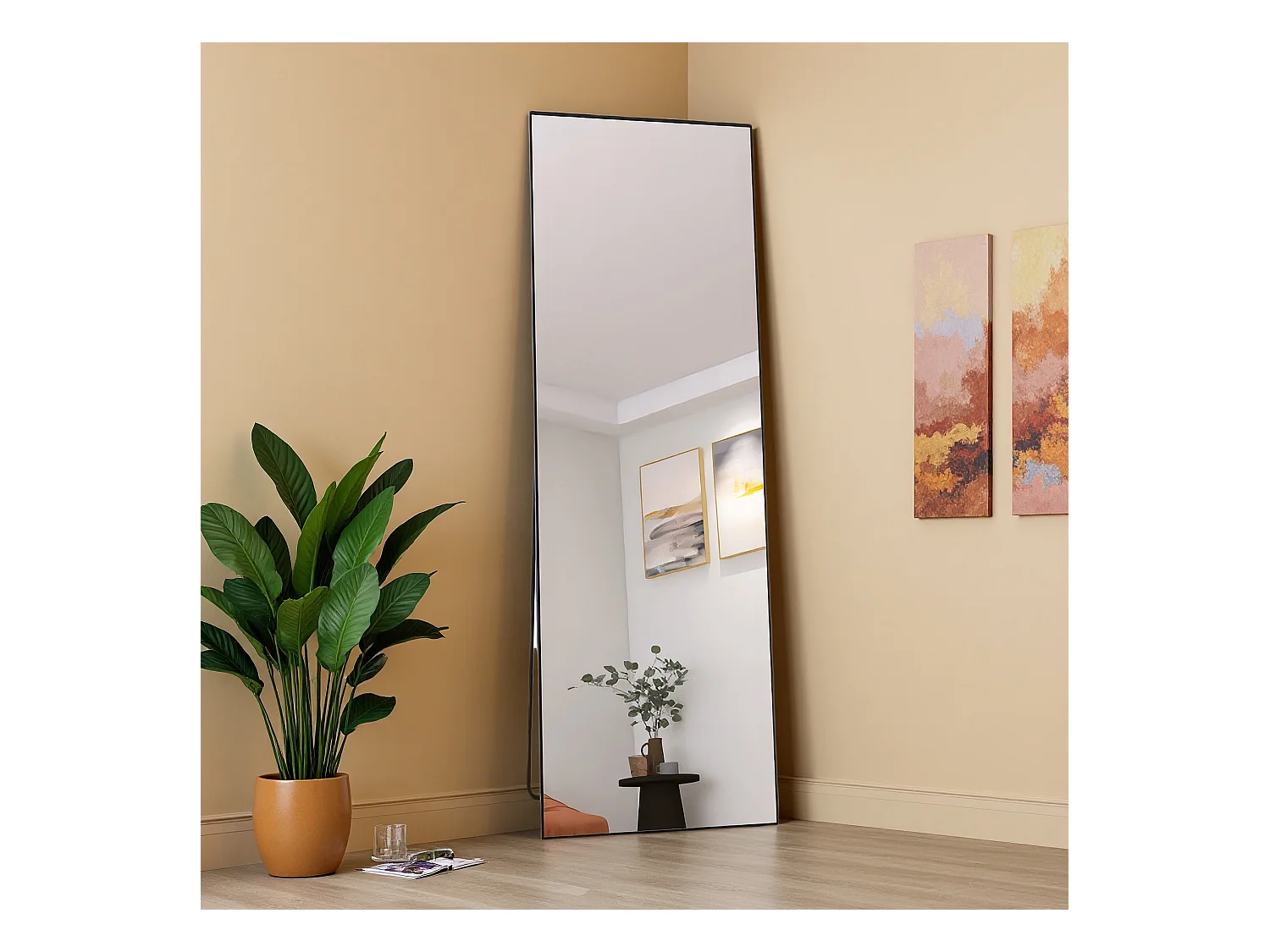 Miroir de maquillage rectangulaire en verre trempé, cadre en aluminium noir, 165 x 60 cm, design moderne élégant pour chambre ou salle de bain