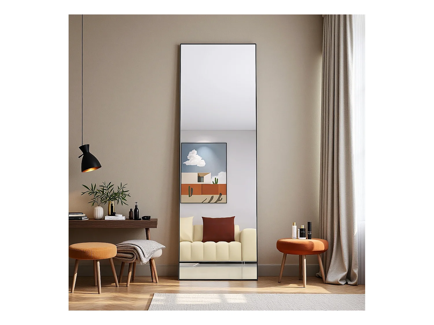 Miroir de maquillage rectangulaire en verre trempé, cadre en aluminium noir, 165 x 60 cm, design moderne élégant pour chambre ou salle de bain