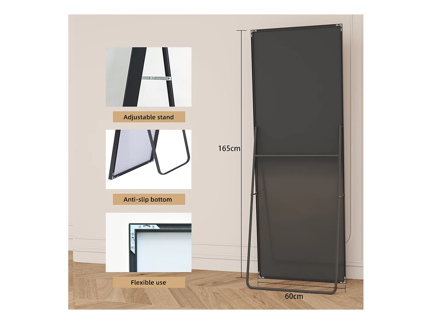 Miroir de maquillage rectangulaire en verre trempé, cadre en aluminium noir, 165 x 60 cm, design moderne élégant pour chambre ou salle de bain