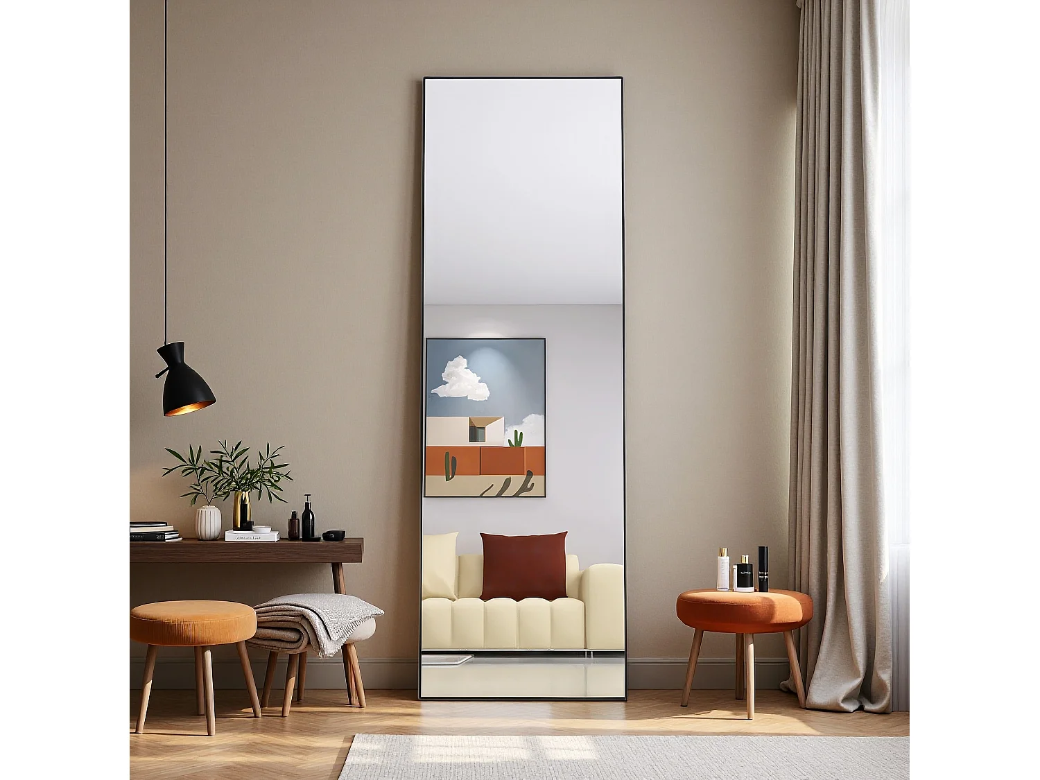 Specchio da trucco rettangolare in vetro temperato, cornice in alluminio nero, 165 x 60 cm, design moderno ed elegante per camera da letto o bagno