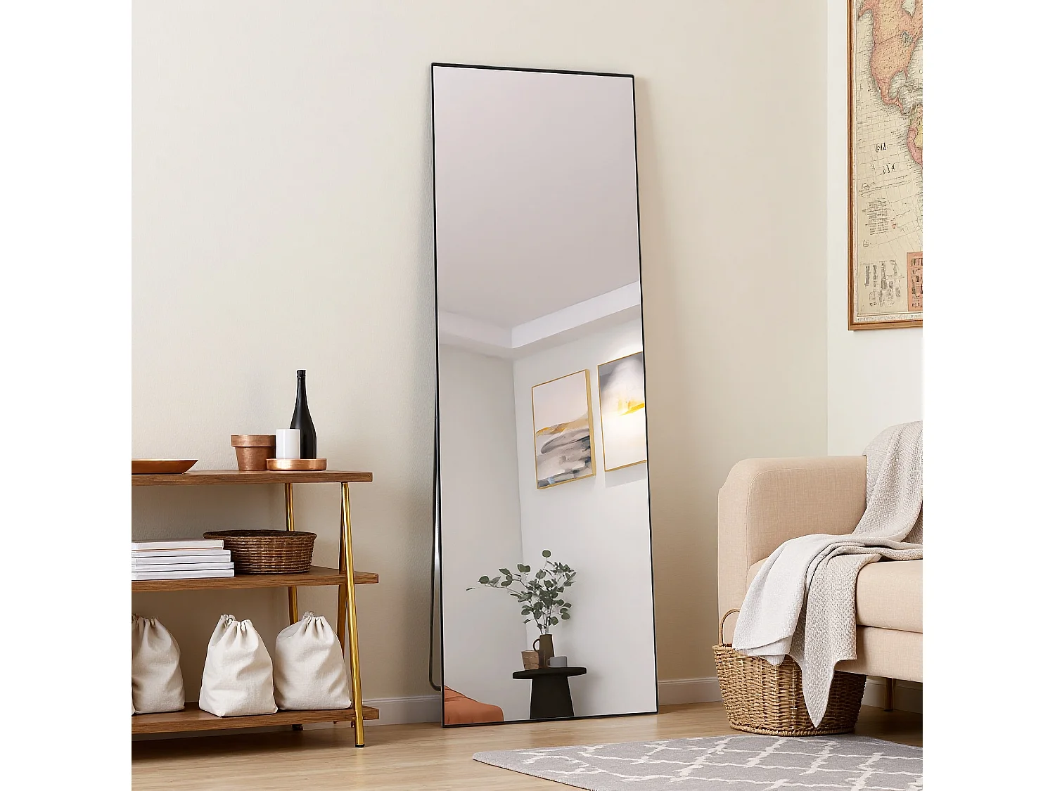 Miroir de maquillage rectangulaire en verre trempé, cadre en aluminium noir, 165 x 60 cm, design moderne élégant pour chambre ou salle de bain
