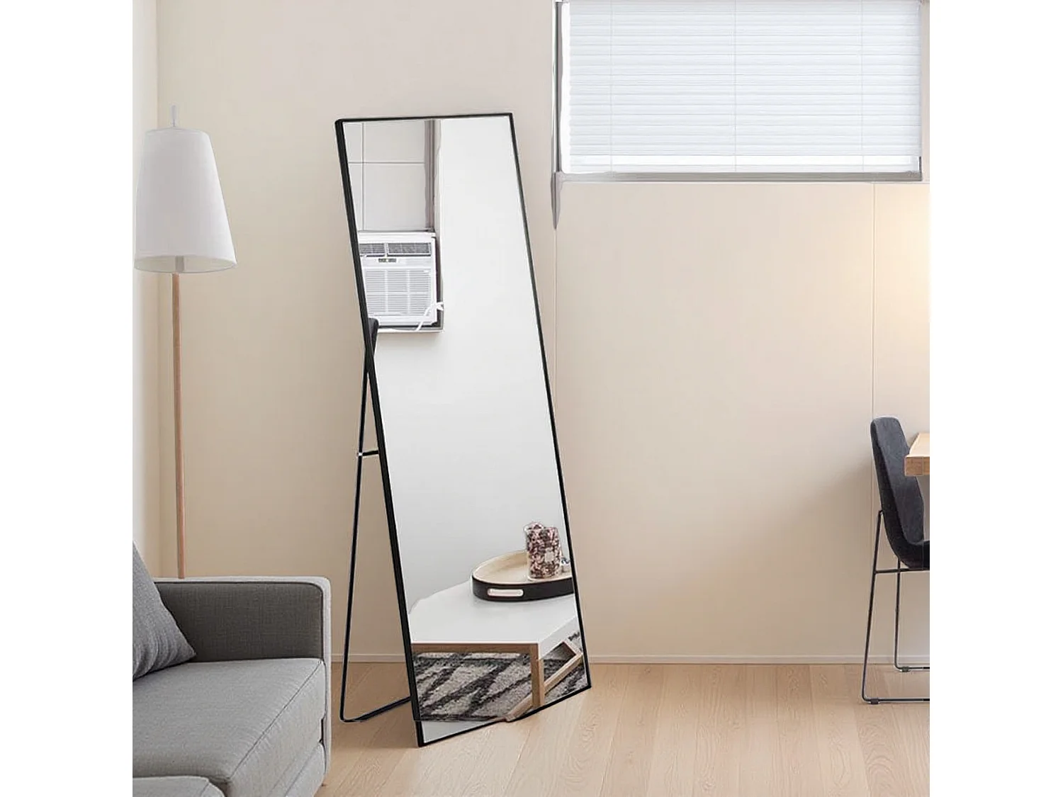 Miroir pleine longueur 150x40 cm, rectangulaire, à poser ou suspendre, cadre aluminium, idéal salle de bain, chambre, entrée et couloir, noir