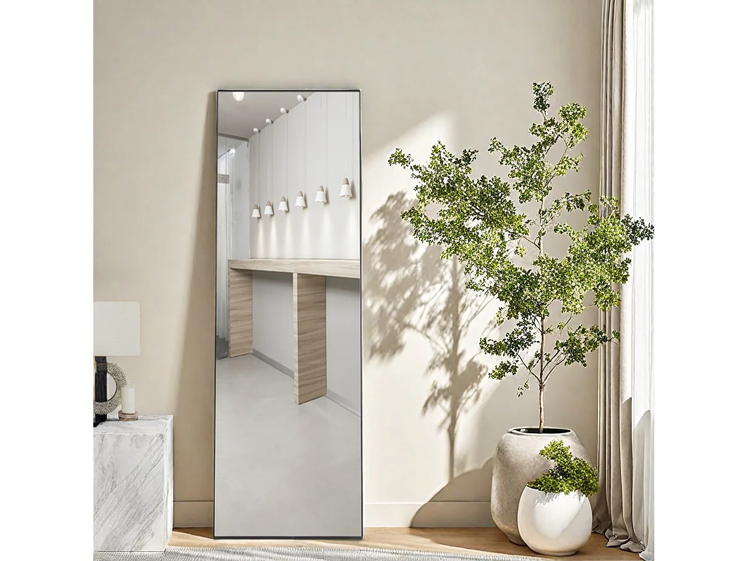 Miroir pleine longueur 150x40 cm, rectangulaire, à poser ou suspendre, cadre aluminium, idéal salle de bain, chambre, entrée et couloir, noir