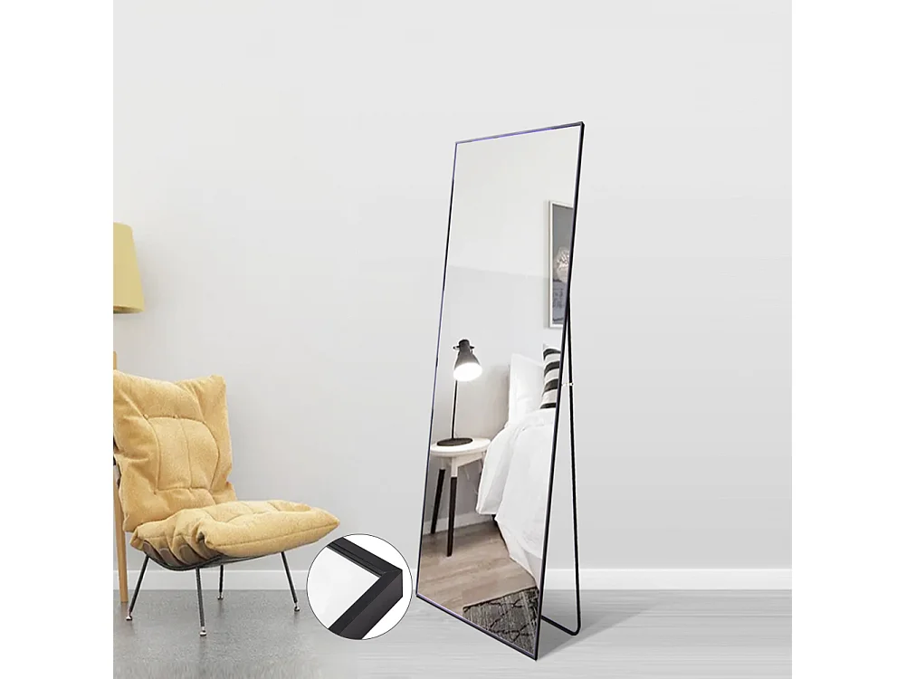 Miroir pleine longueur 150x40 cm, rectangulaire, à poser ou suspendre, cadre aluminium, idéal salle de bain, chambre, entrée et couloir, noir
