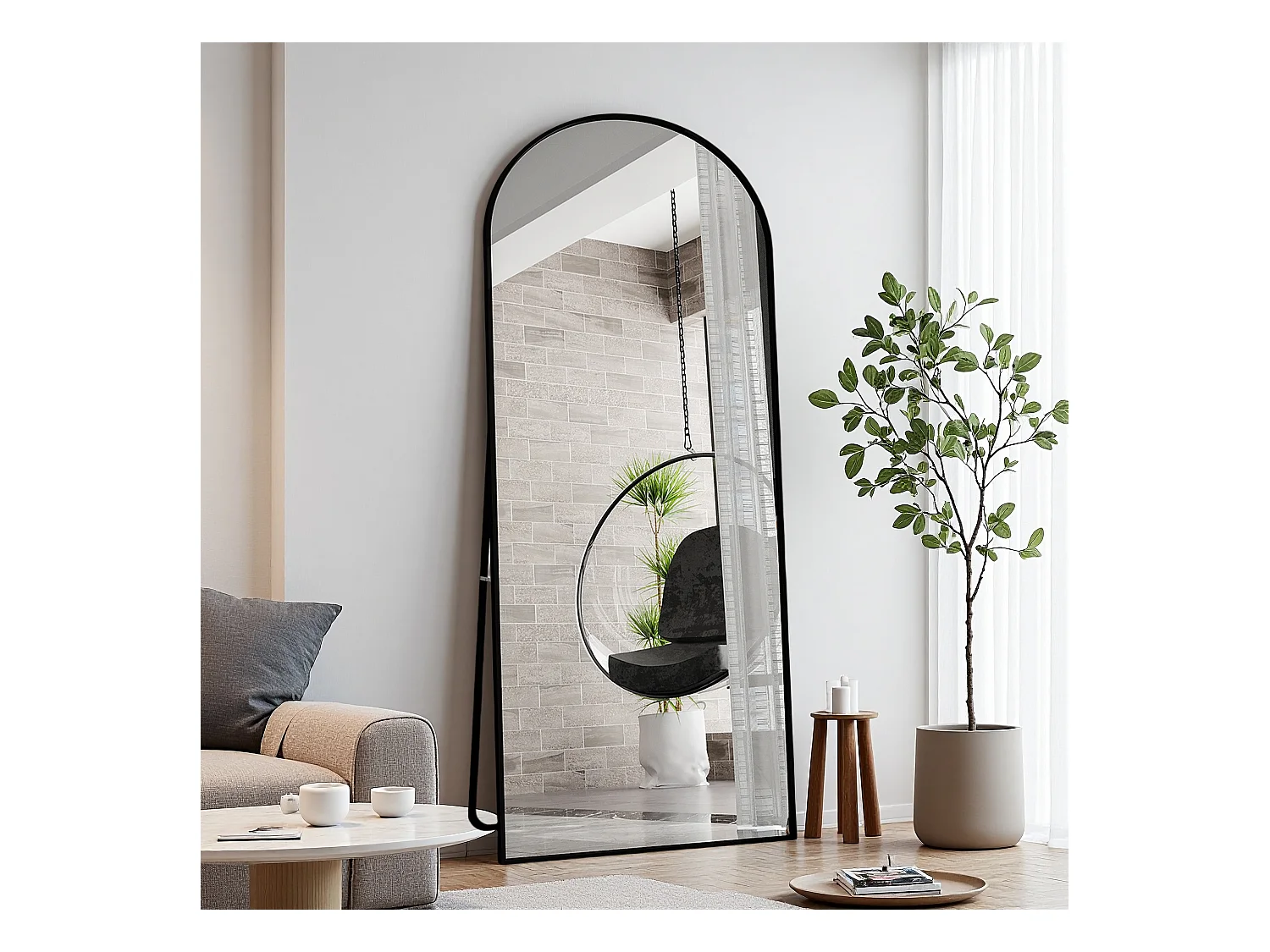 Miroir pleine longueur 180 x 80 cm en verre trempé avec cadre en aluminium noir, forme arquée,  grand miroir de sol