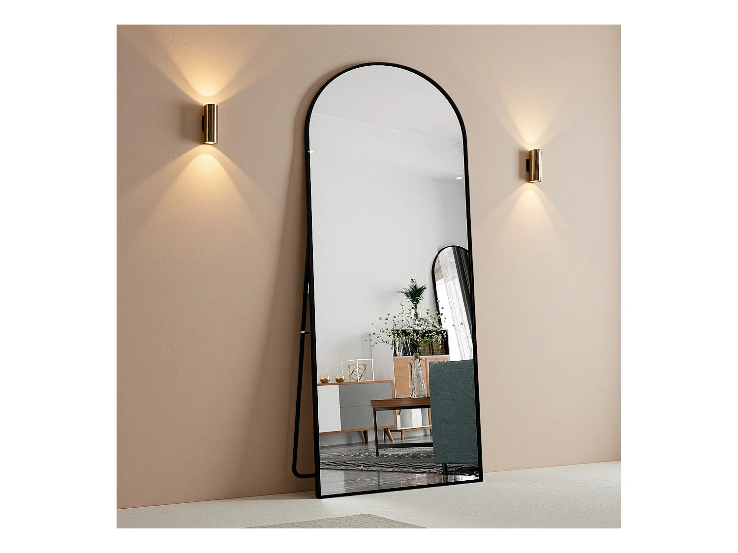 Miroir pleine longueur 180 x 80 cm en verre trempé avec cadre en aluminium noir, forme arquée,  grand miroir de sol