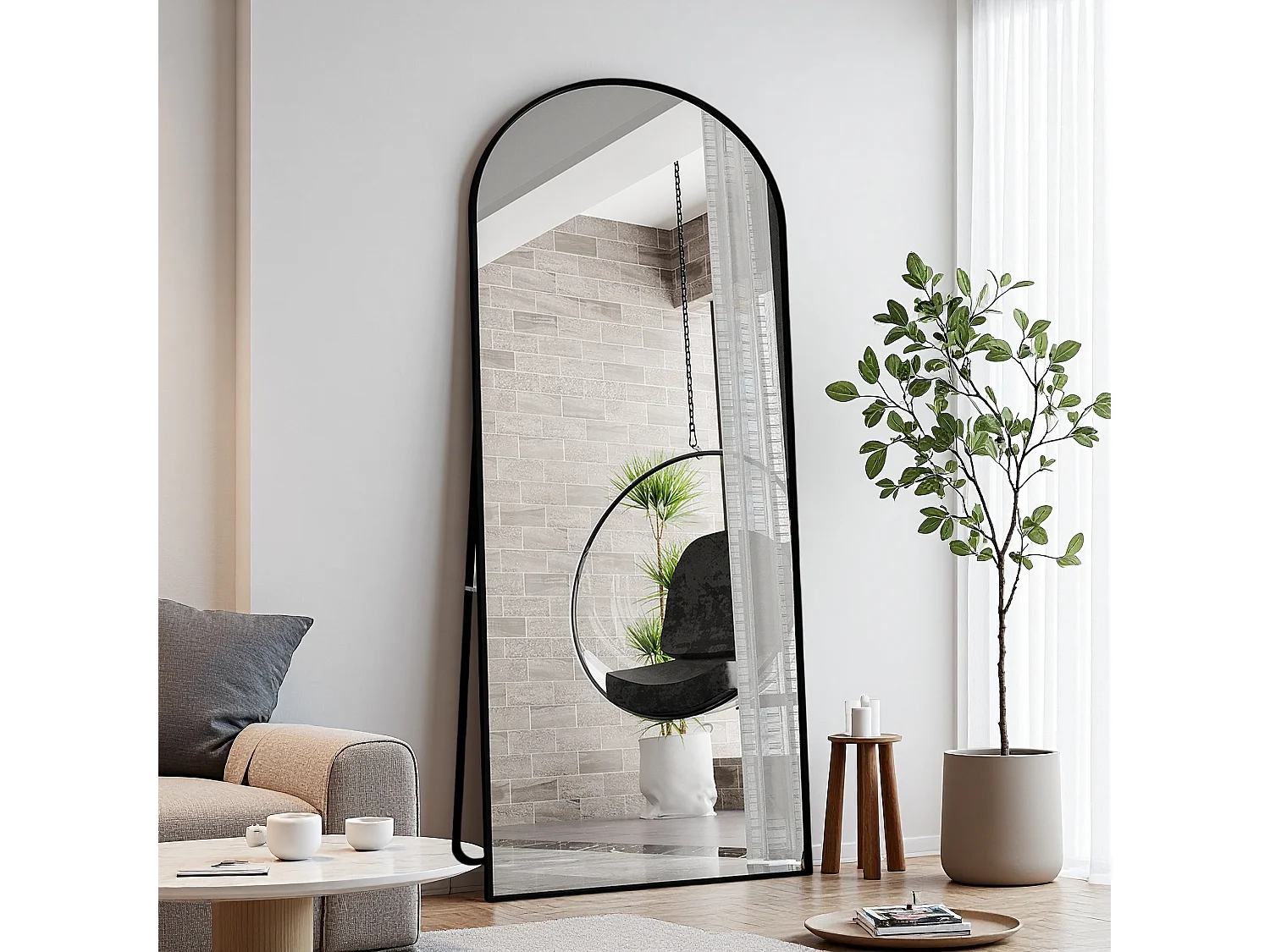 Miroir pleine longueur 180 x 80 cm en verre trempé avec cadre en aluminium noir, forme arquée,  grand miroir de sol