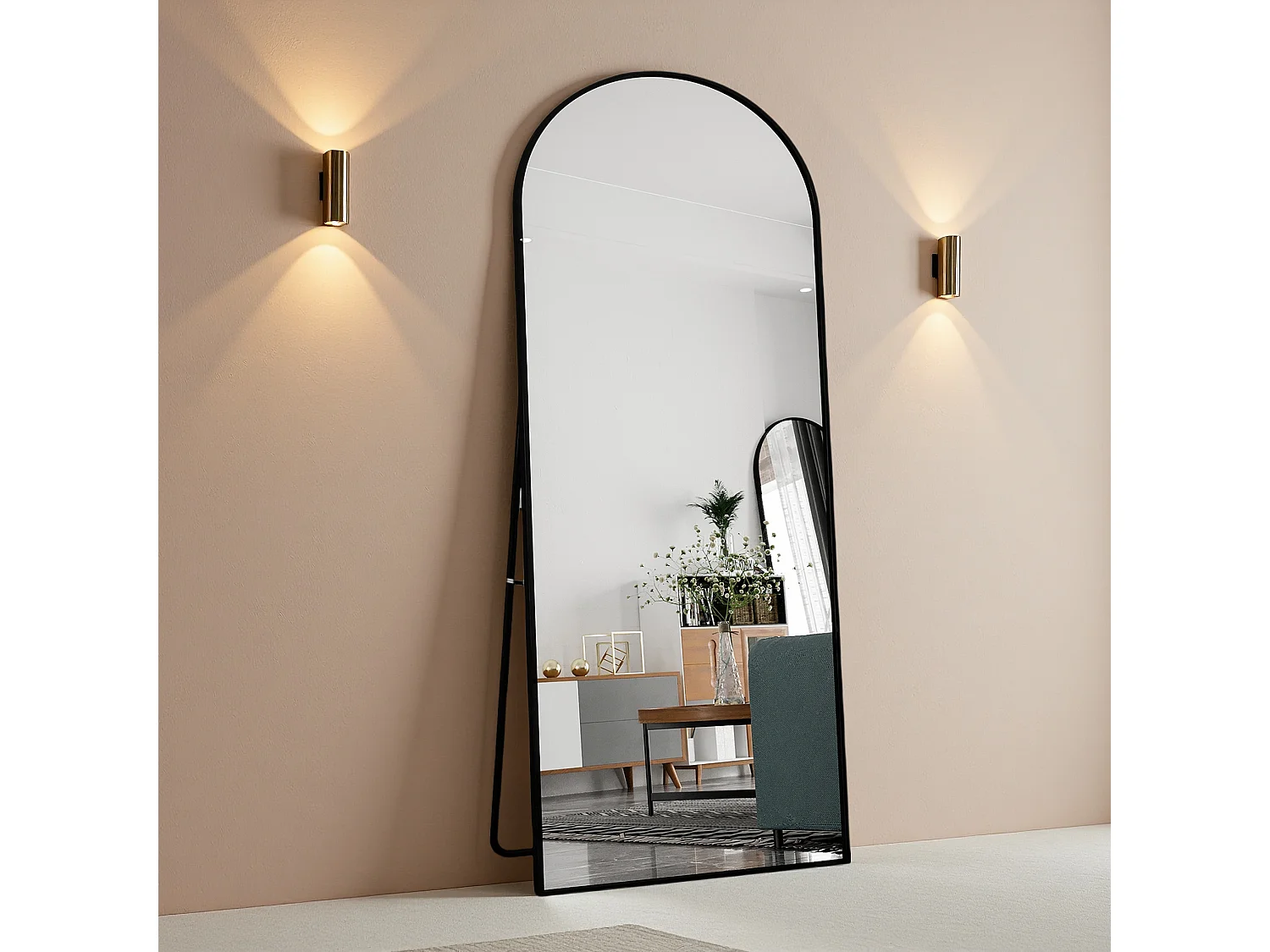 Miroir pleine longueur 180 x 80 cm en verre trempé avec cadre en aluminium noir, forme arquée,  grand miroir de sol