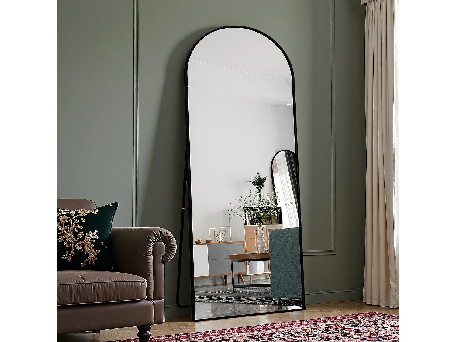 Miroir pleine longueur 180 x 80 cm en verre trempé avec cadre en aluminium noir, forme arquée,  grand miroir de sol