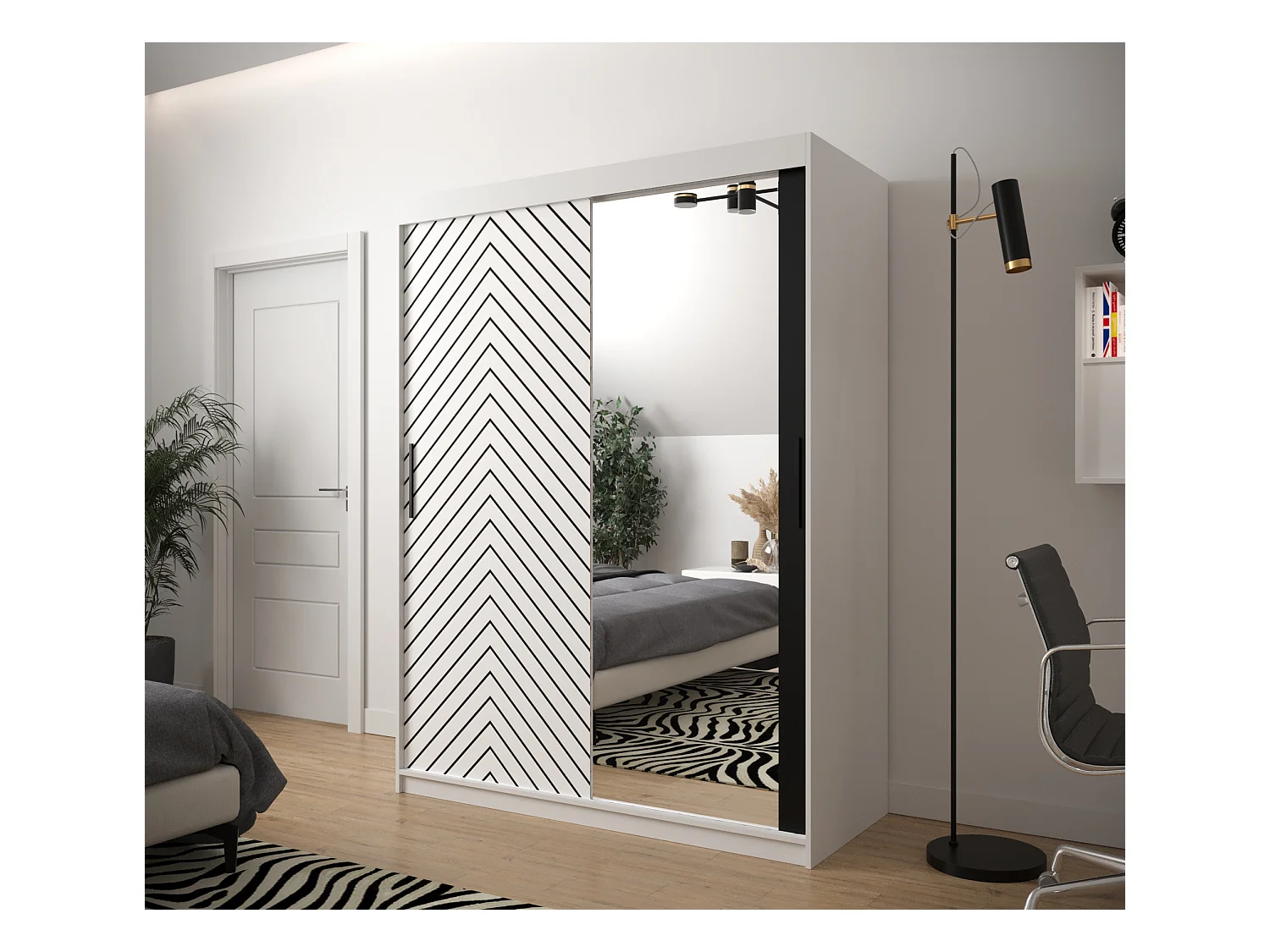 Schwebetürenschrank Jodełka 2 200/150/62 2-Türig (Weiß)