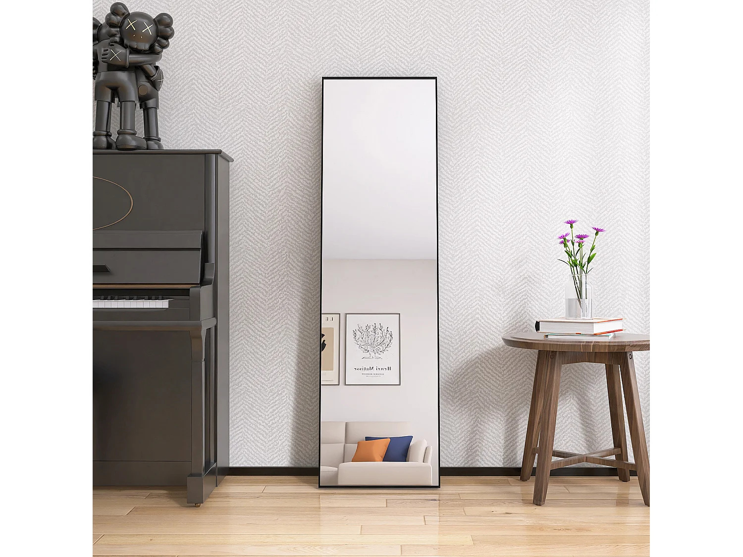 Miroir de maquillage rectangulaire en verre trempé, cadre en aluminium noir, 1400x400 mm, design moderne élégant pour chambre ou salle de bain