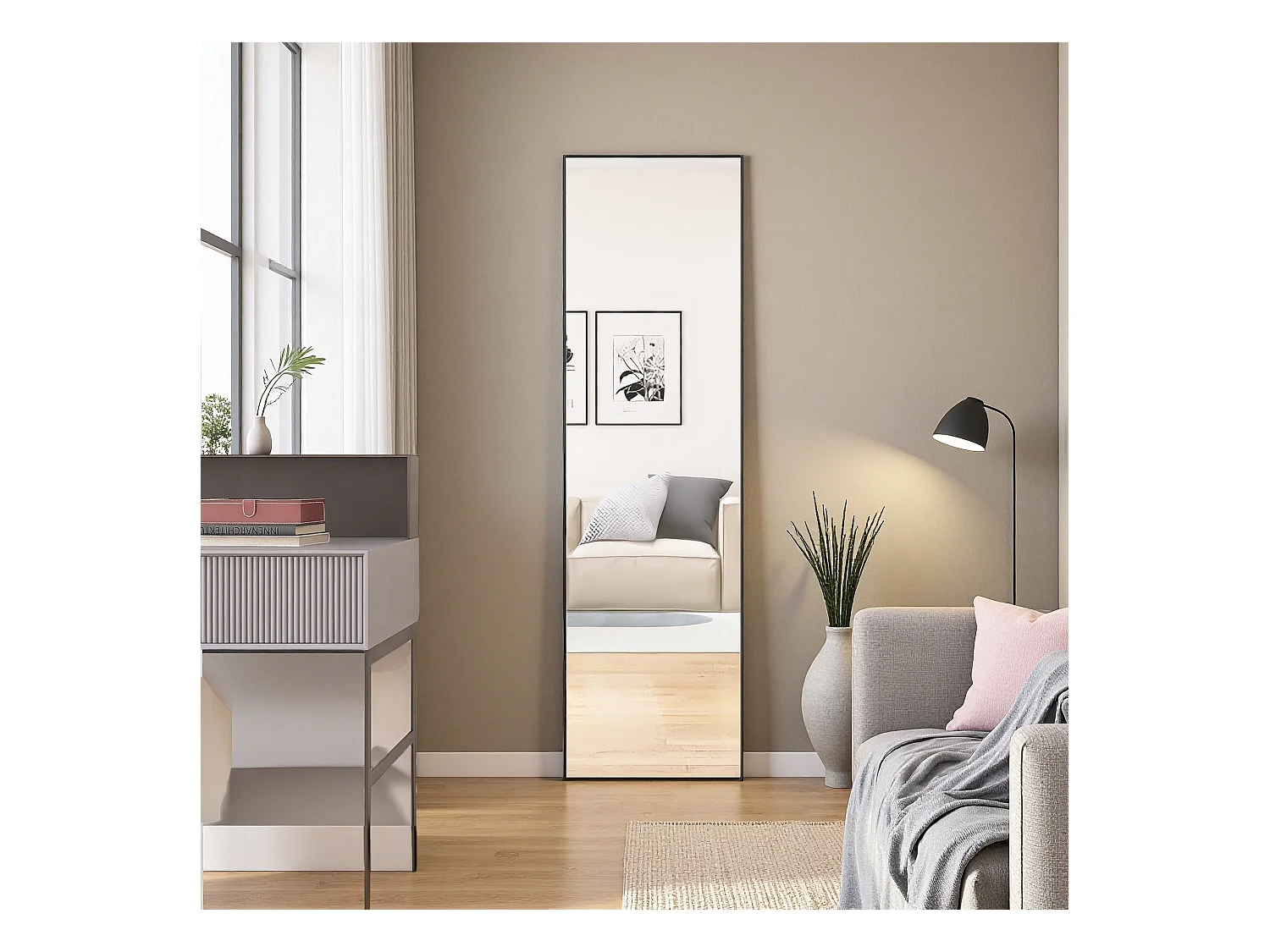 Miroir de maquillage rectangulaire en verre trempé, cadre en aluminium noir, 1400x400 mm, design moderne élégant pour chambre ou salle de bain