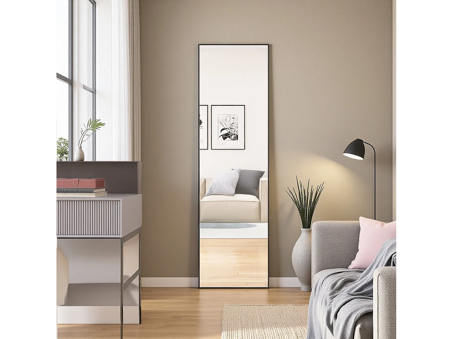 Miroir de maquillage rectangulaire en verre trempé, cadre en aluminium noir, 1400x400 mm, design moderne élégant pour chambre ou salle de bain