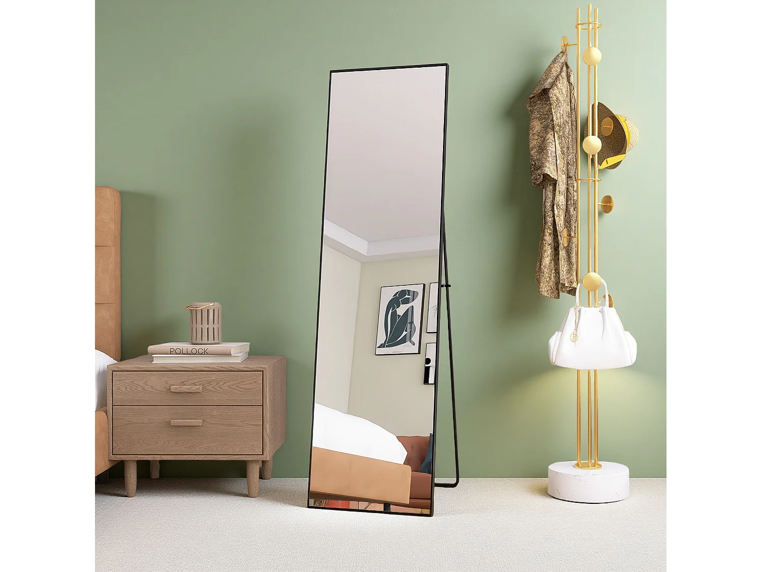 Miroir de maquillage rectangulaire en verre trempé, cadre en aluminium noir, 1400x400 mm, design moderne élégant pour chambre ou salle de bain