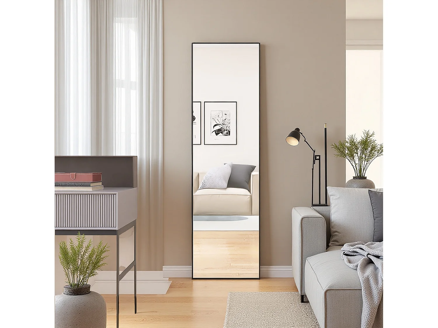 Miroir de maquillage rectangulaire en verre trempé, cadre en aluminium noir, 1400x400 mm, design moderne élégant pour chambre ou salle de bain