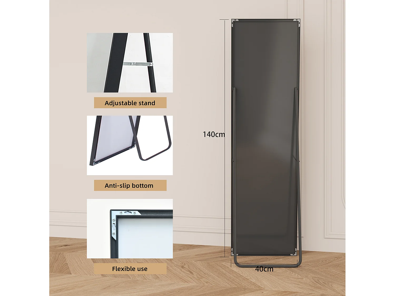 Miroir de maquillage rectangulaire en verre trempé, cadre en aluminium noir, 1400x400 mm, design moderne élégant pour chambre ou salle de bain