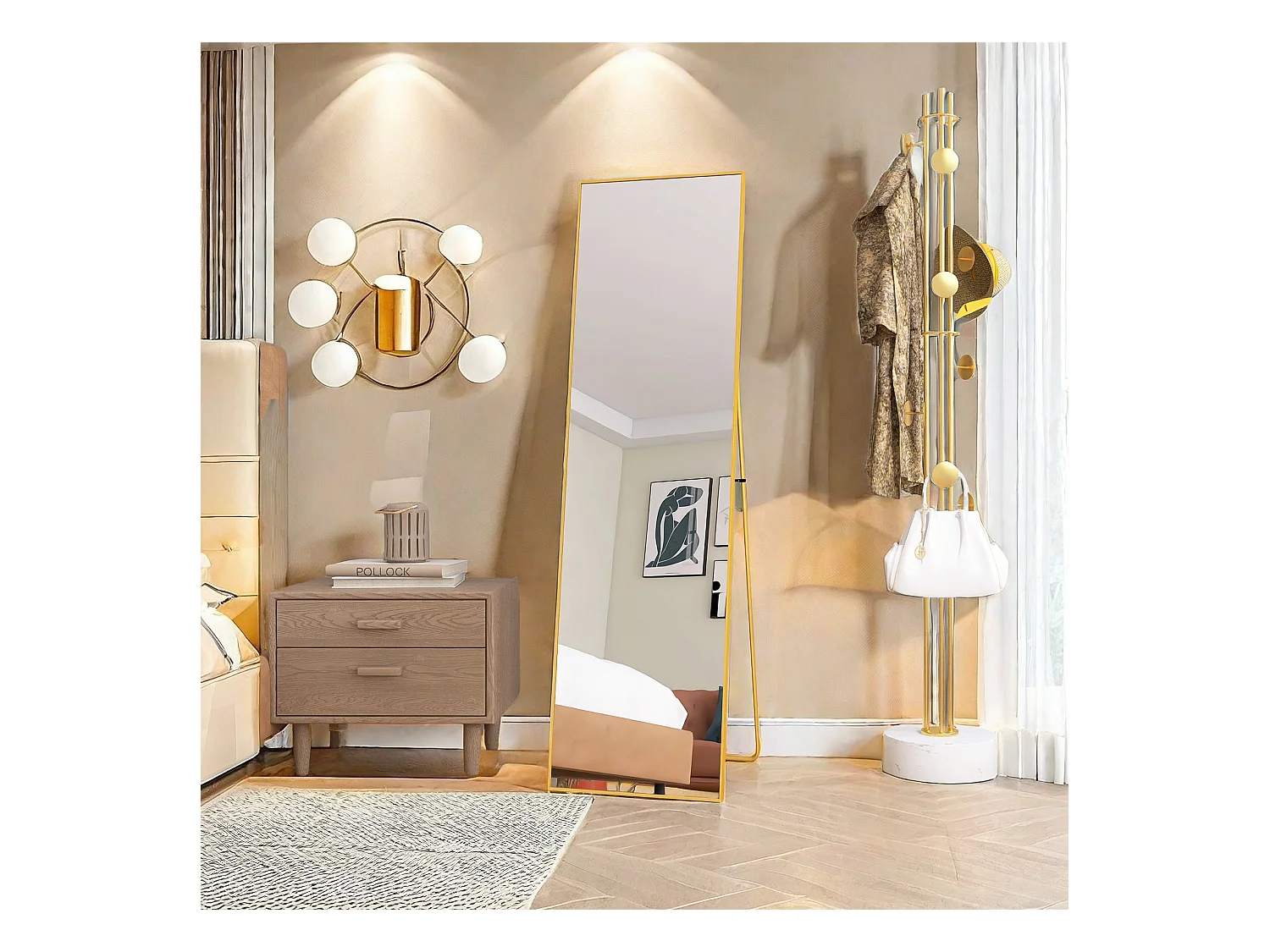 Espejo de maquillaje rectangular de vidrio templado con marco de aluminio dorado, 1400 x 400 mm, diseño moderno y elegante para dormitorio o baño.