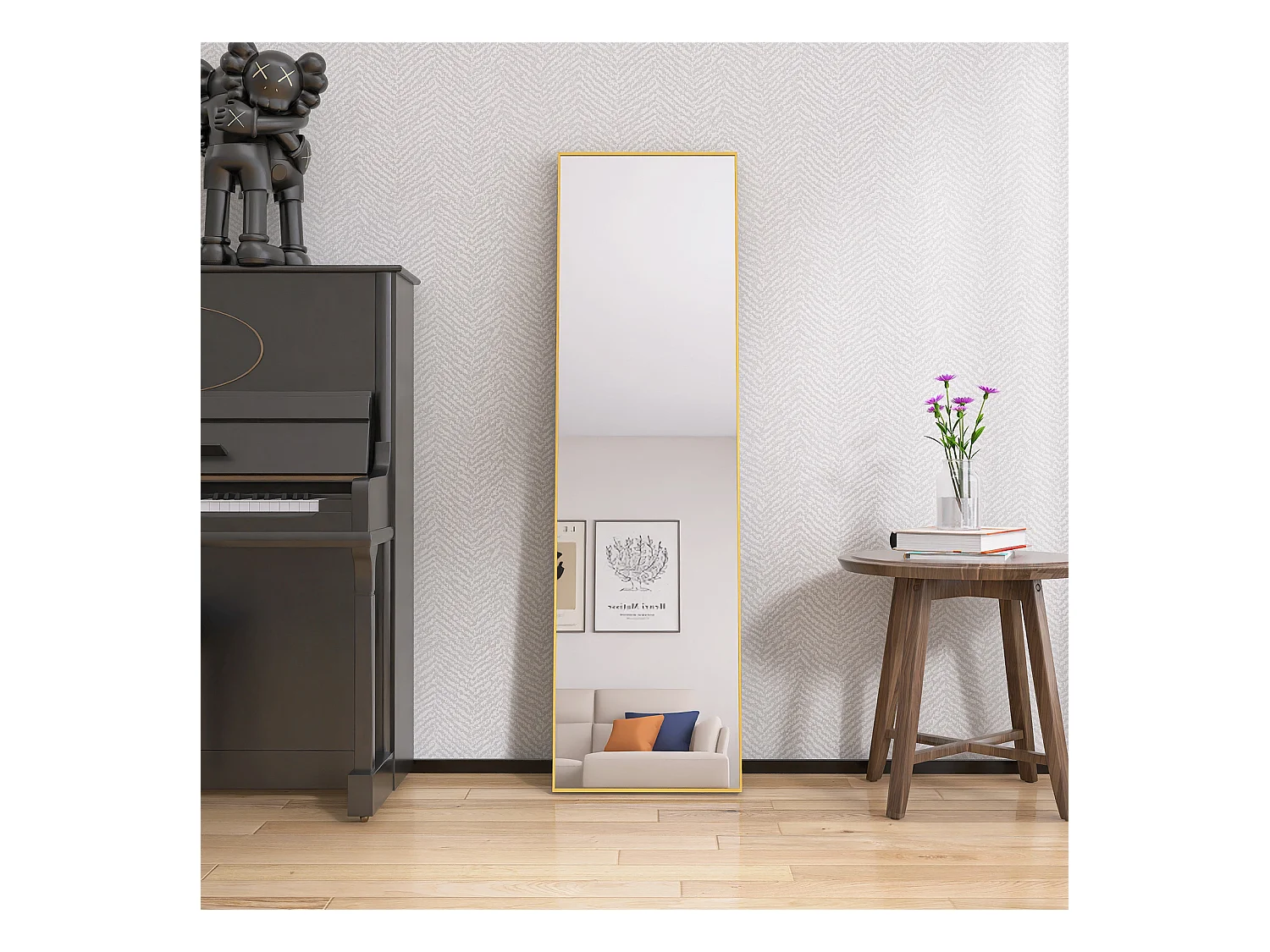 Specchio da trucco rettangolare in vetro temperato, cornice in alluminio dorato, 1400x400 mm, design moderno ed elegante per camera da letto o bagno