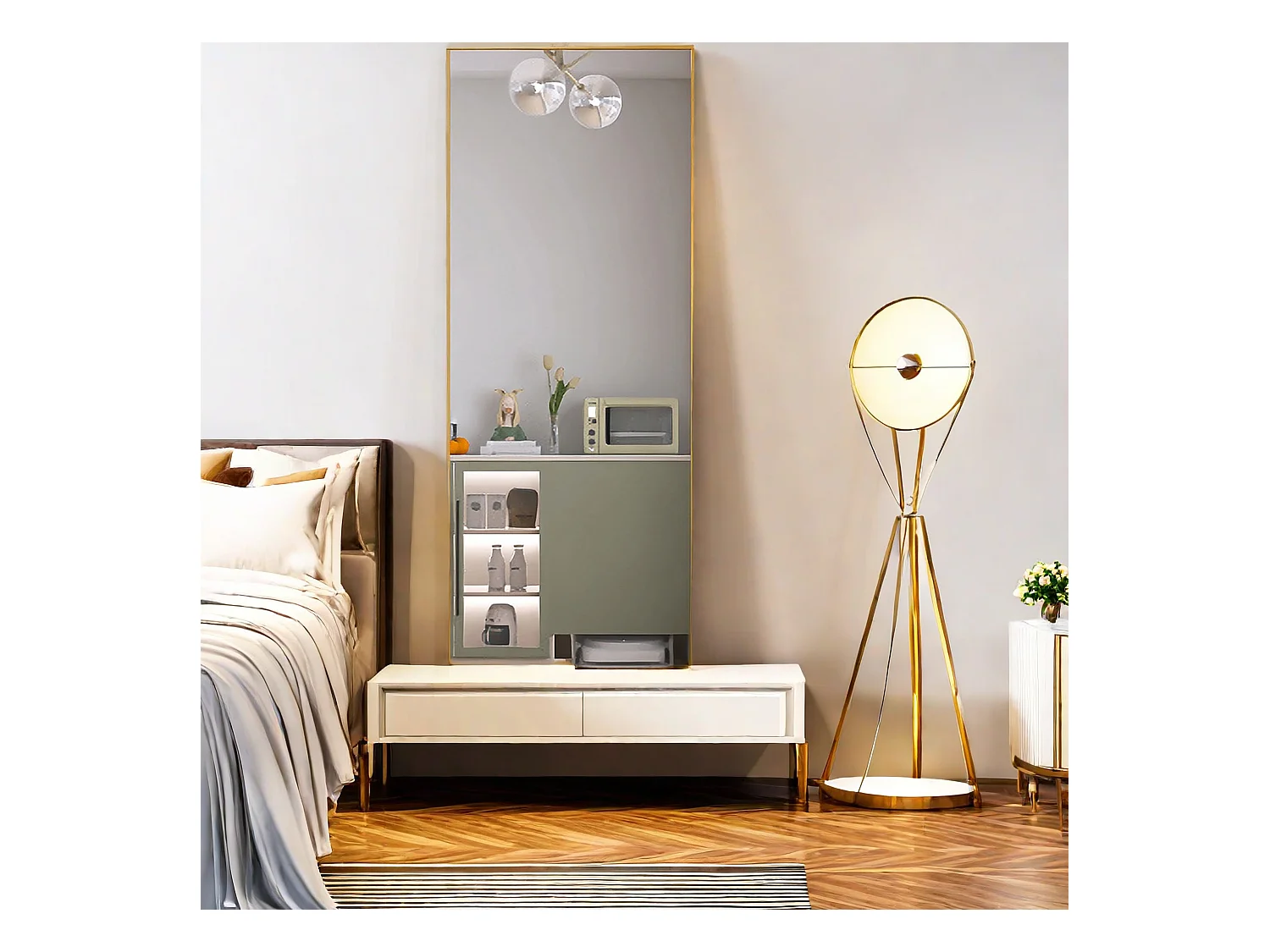 Specchio da trucco rettangolare in vetro temperato, cornice in alluminio dorato, 1400x400 mm, design moderno ed elegante per camera da letto o bagno