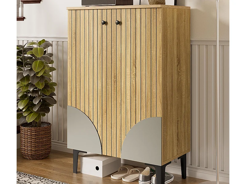 Szafa na buty 60x32x94 cm - 2 drzwi - z 3 półkami - Nóżki metalowe - Naturalny