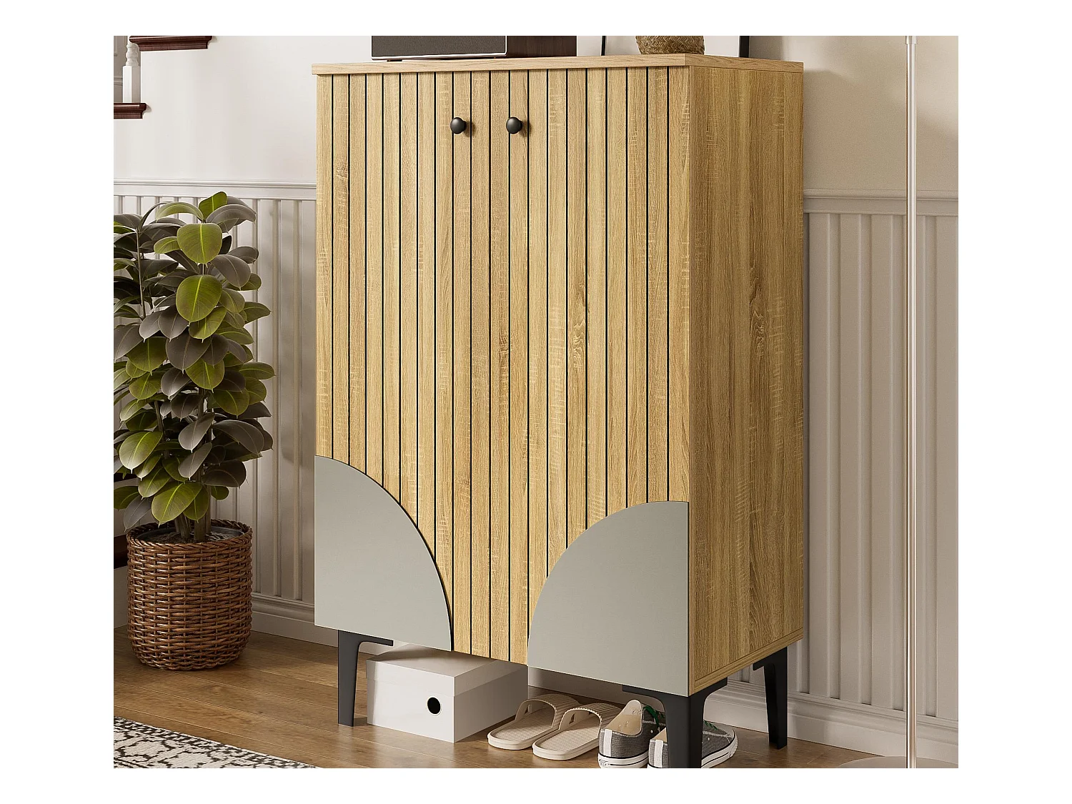 Meuble à chaussures 60x32x94 cm - 2 portes - avec 3 étagères - Pieds en métal - Naturel