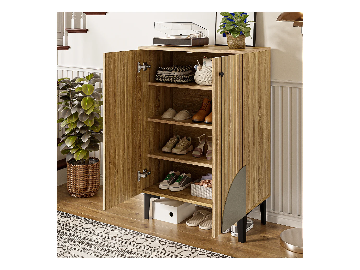 Meuble à chaussures 60x32x94 cm - 2 portes - avec 3 étagères - Pieds en métal - Naturel