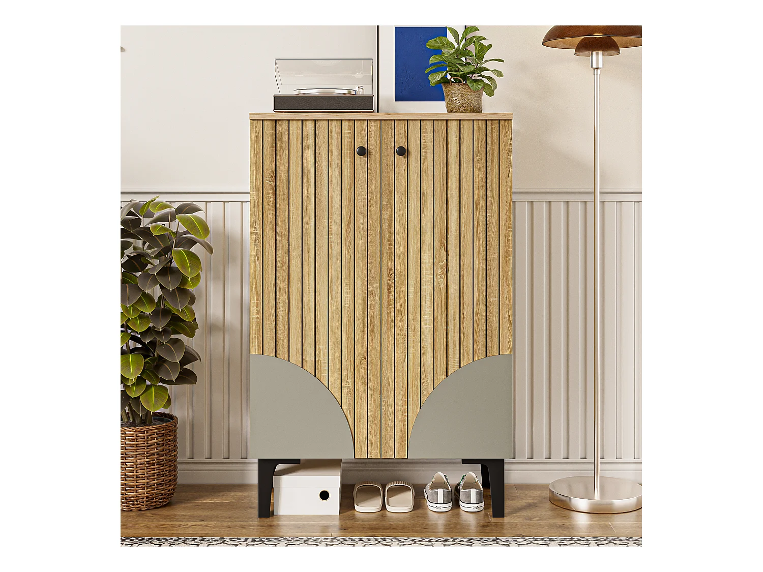 Meuble à chaussures 60x32x94 cm - 2 portes - avec 3 étagères - Pieds en métal - Naturel