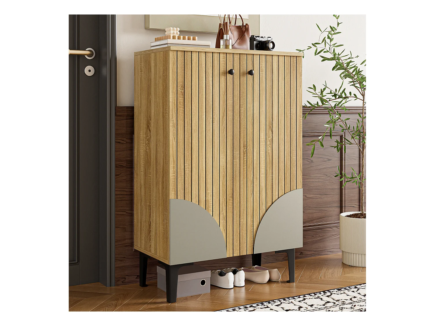 Meuble à chaussures 60x32x94 cm - 2 portes - avec 3 étagères - Pieds en métal - Naturel