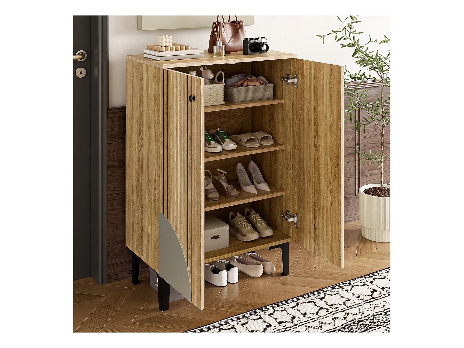 Meuble à chaussures 60x32x94 cm - 2 portes - avec 3 étagères - Pieds en métal - Naturel