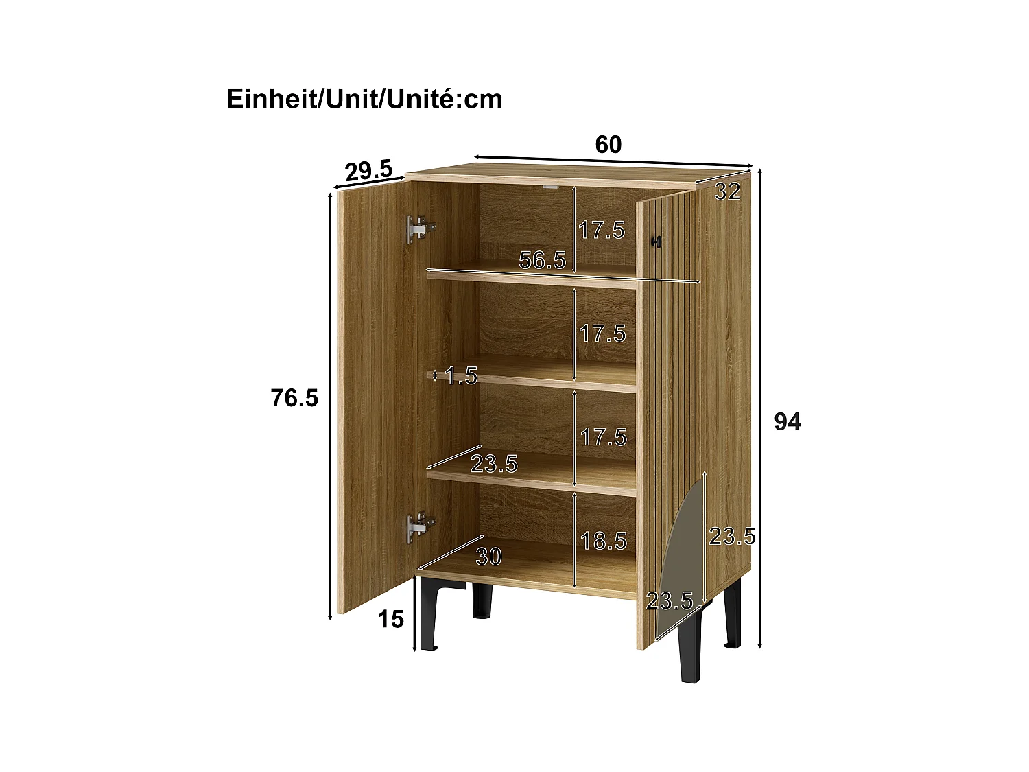 Meuble à chaussures 60x32x94 cm - 2 portes - avec 3 étagères - Pieds en métal - Naturel