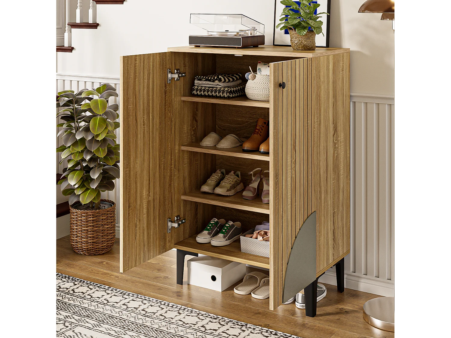 Meuble à chaussures 60x32x94 cm - 2 portes - avec 3 étagères - Pieds en métal - Naturel