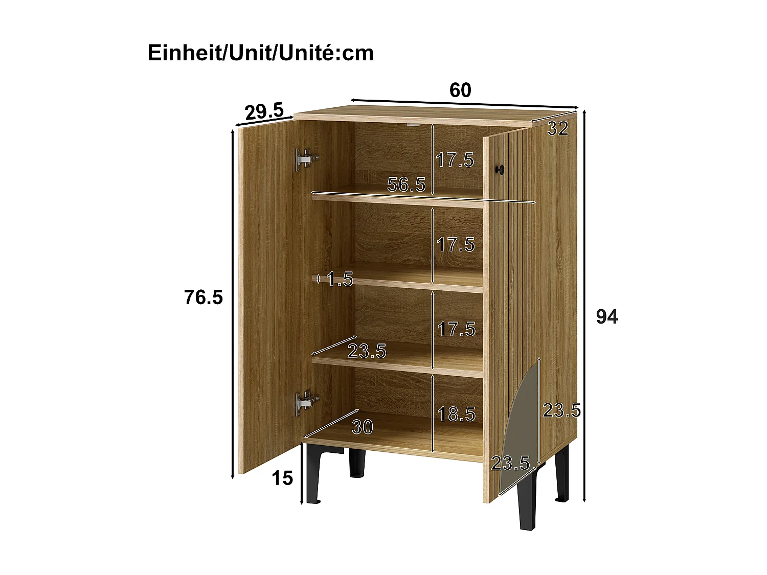 Meuble à chaussures 60x32x94 cm - 2 portes - avec 3 étagères - Pieds en métal - Naturel