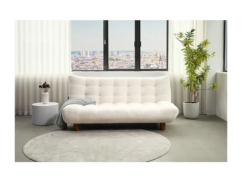 Banquette convertible capitonnée en tissu bouclette écru - VALENTIN