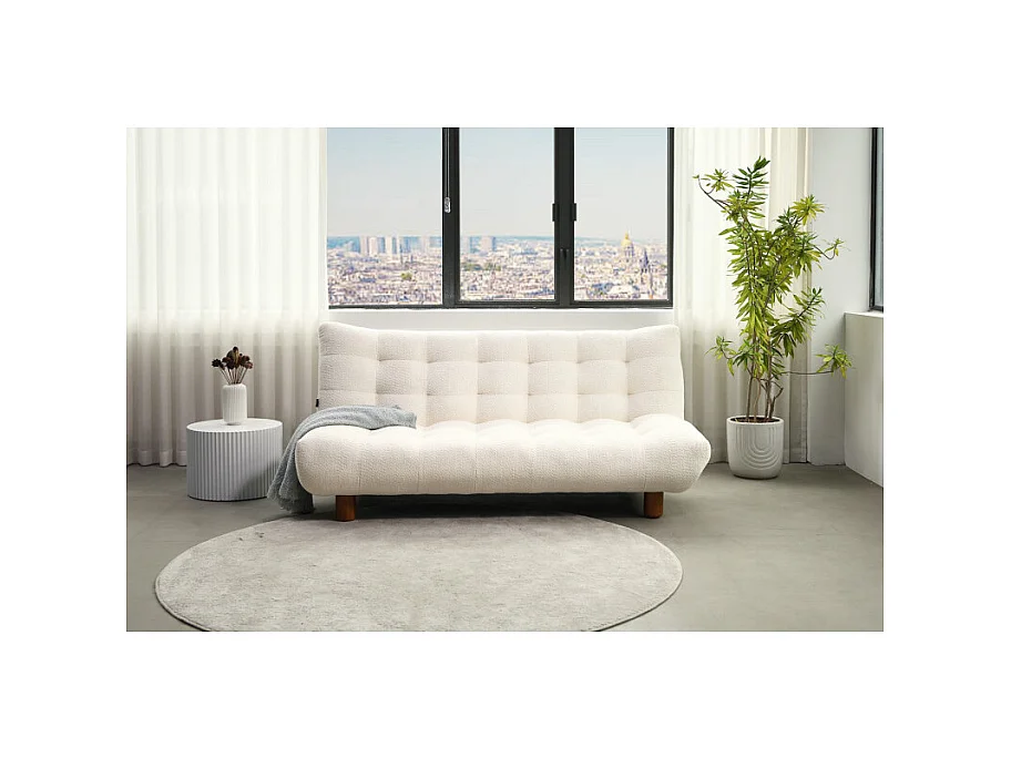 Banquette convertible capitonnée en tissu bouclette écru - VALENTIN