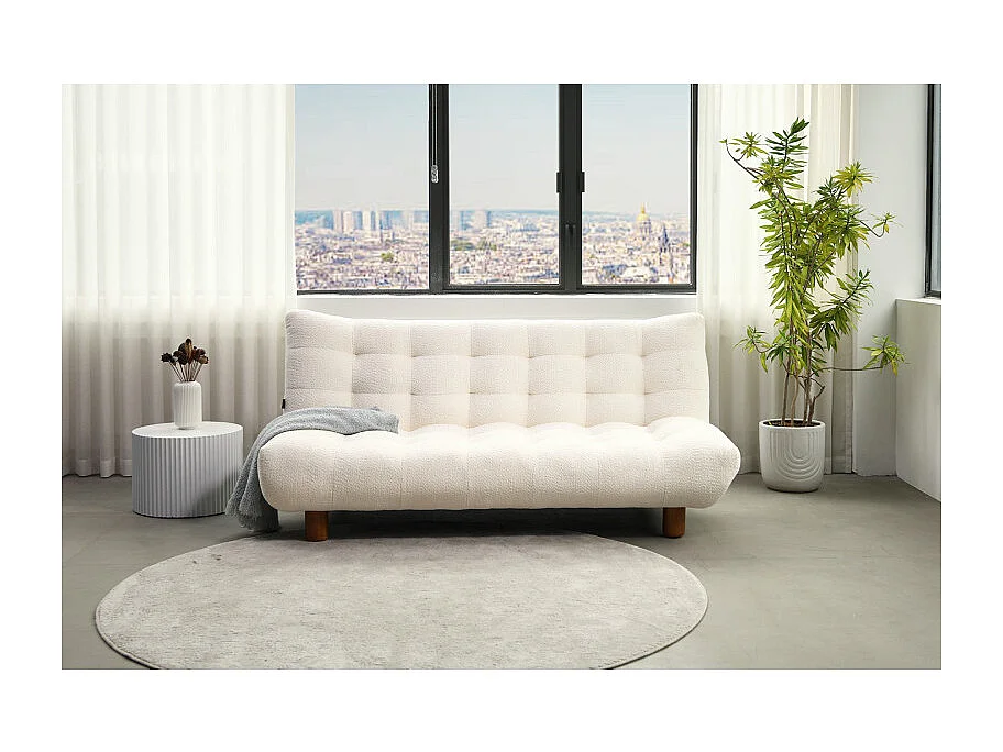 Banquette convertible capitonnée en tissu bouclette écru - VALENTIN