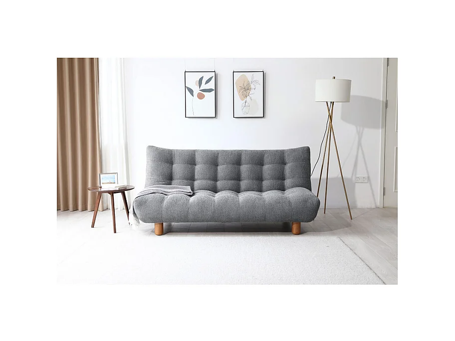 Banquette convertible capitonnée en tissu bouclette gris - VALENTIN