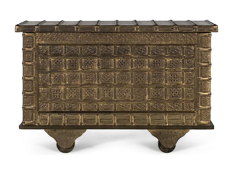 Cassapanca in legno massello e ottone sbalzato finitura oro anticato