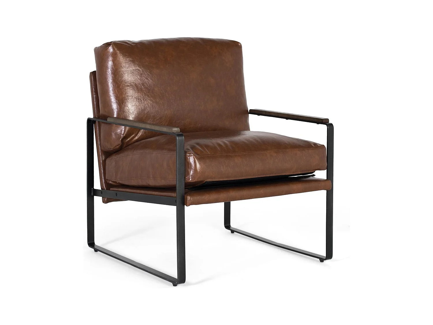 Fauteuil industriel en fer noir et simili cuir brun vieilli