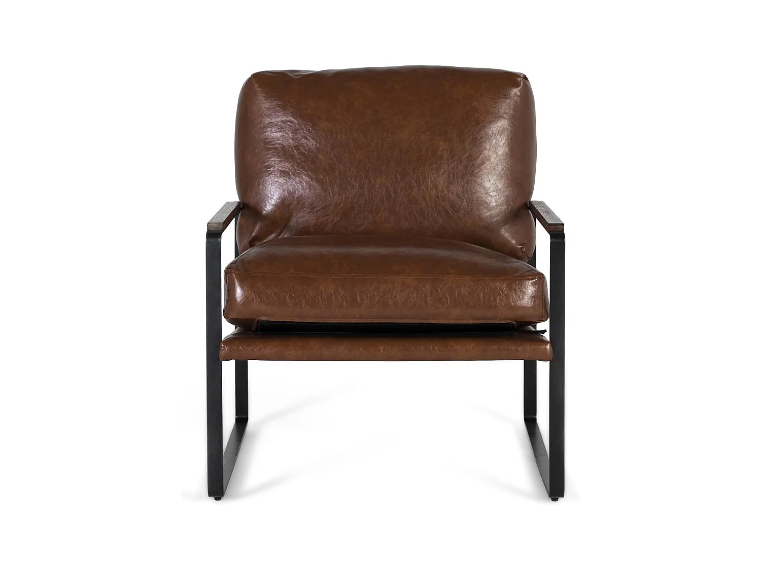 Fauteuil industriel en fer noir et simili cuir brun vieilli