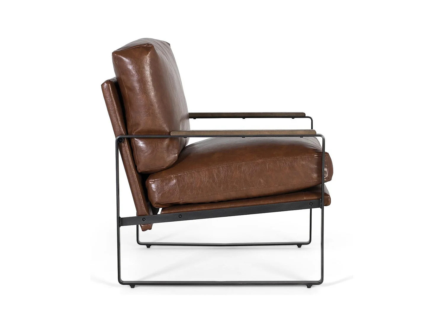 Fauteuil industriel en fer noir et simili cuir brun vieilli