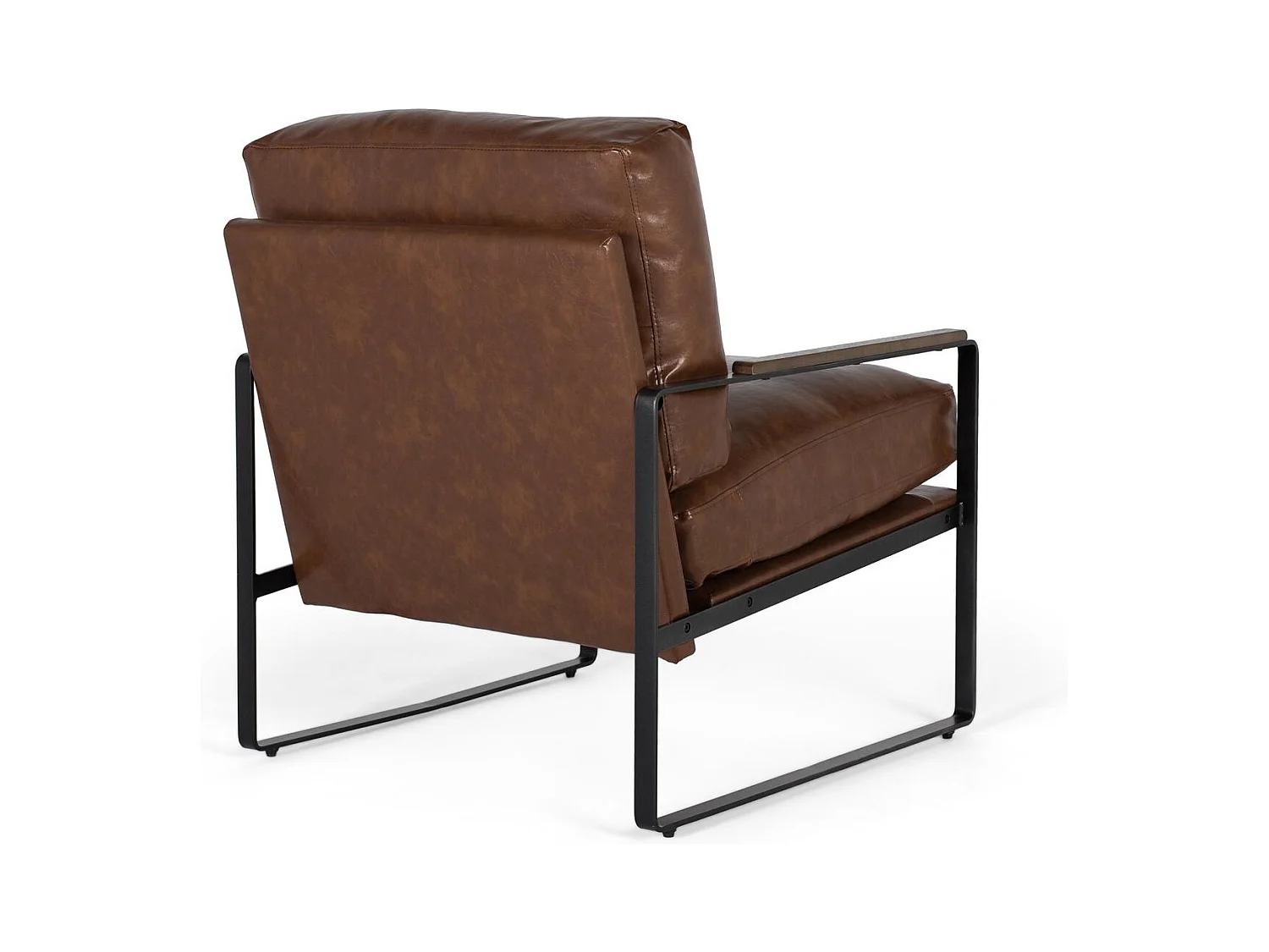 Fauteuil industriel en fer noir et simili cuir brun vieilli