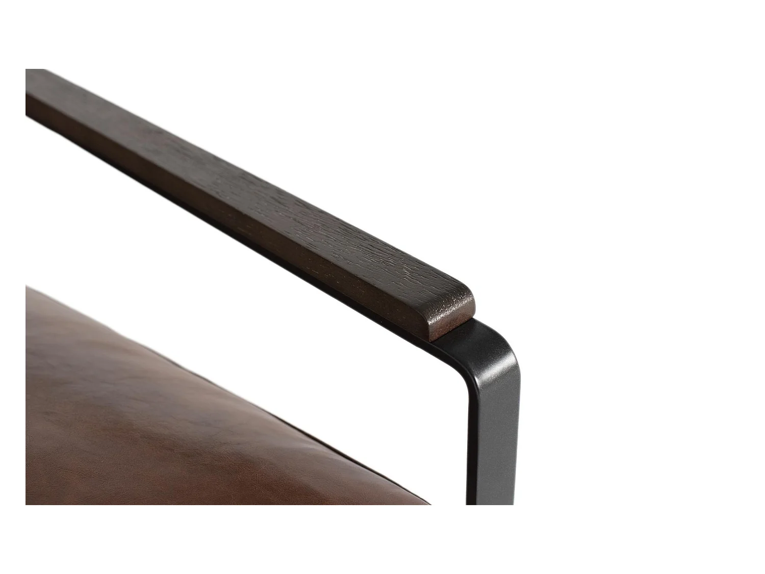 Fauteuil industriel en fer noir et simili cuir brun vieilli