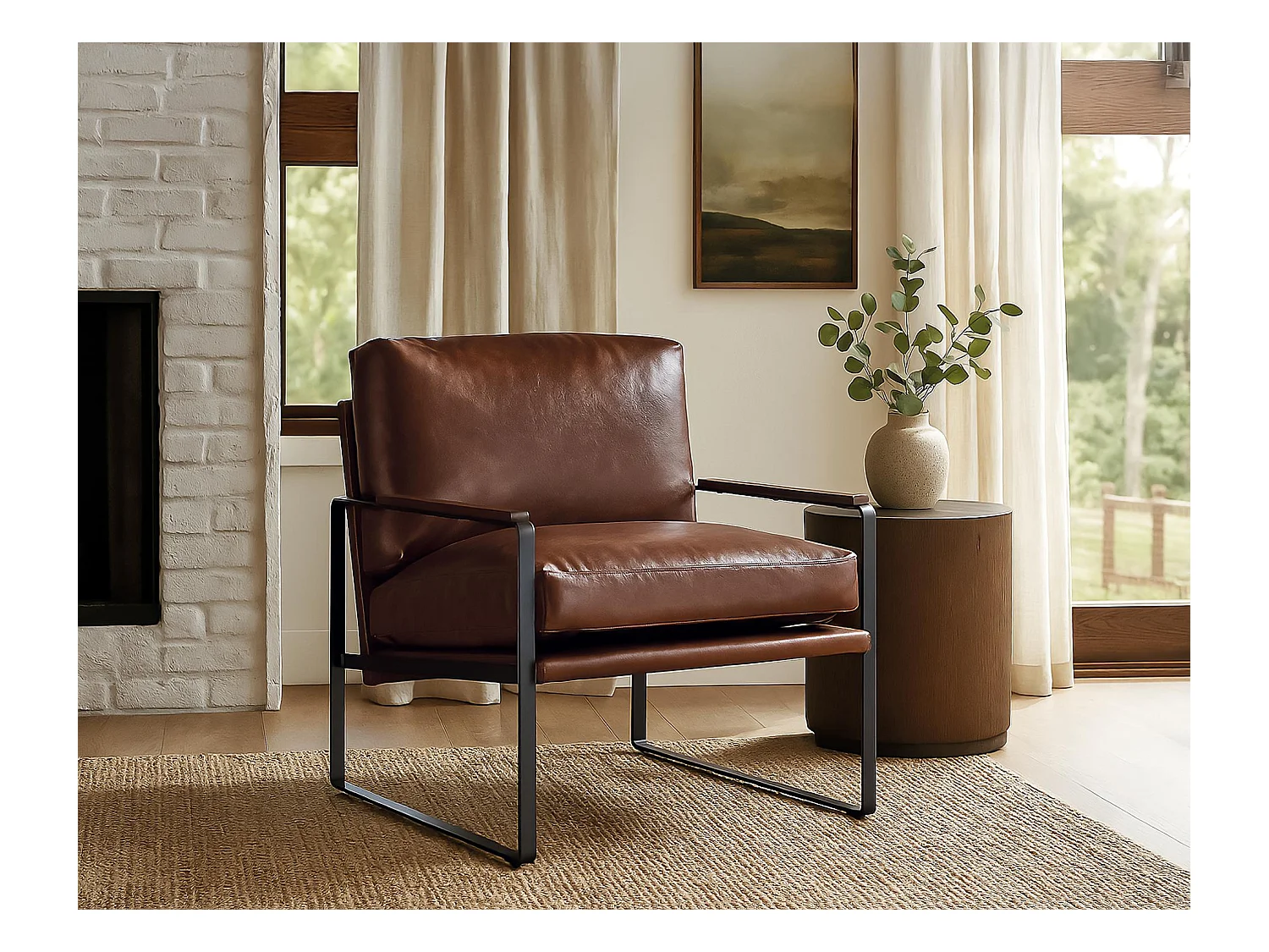 Fauteuil industriel en fer noir et simili cuir brun vieilli