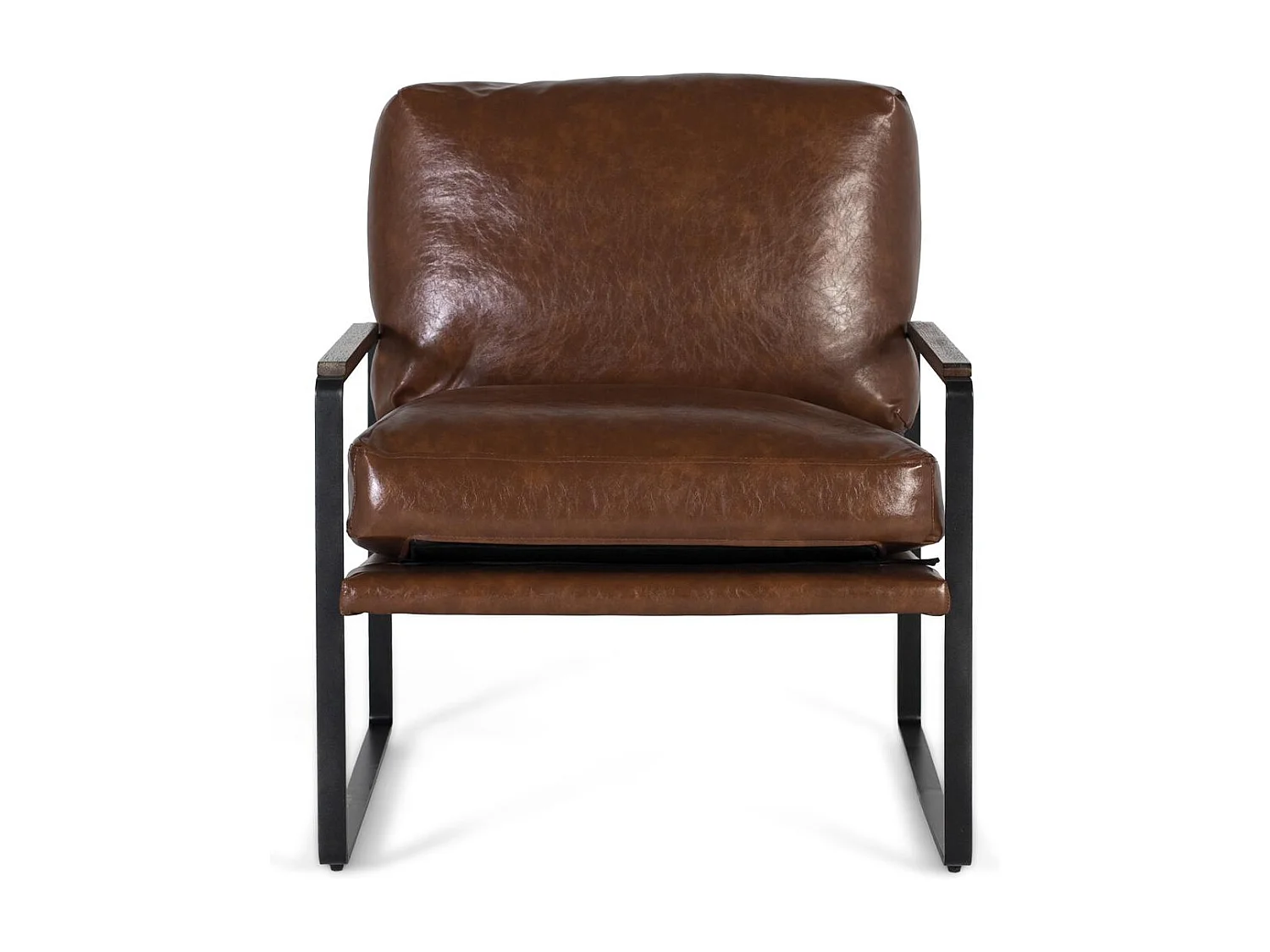 Fauteuil industriel en fer noir et simili cuir brun vieilli
