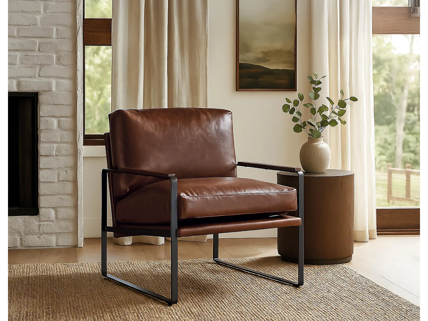 Fauteuil industriel en fer noir et simili cuir brun vieilli